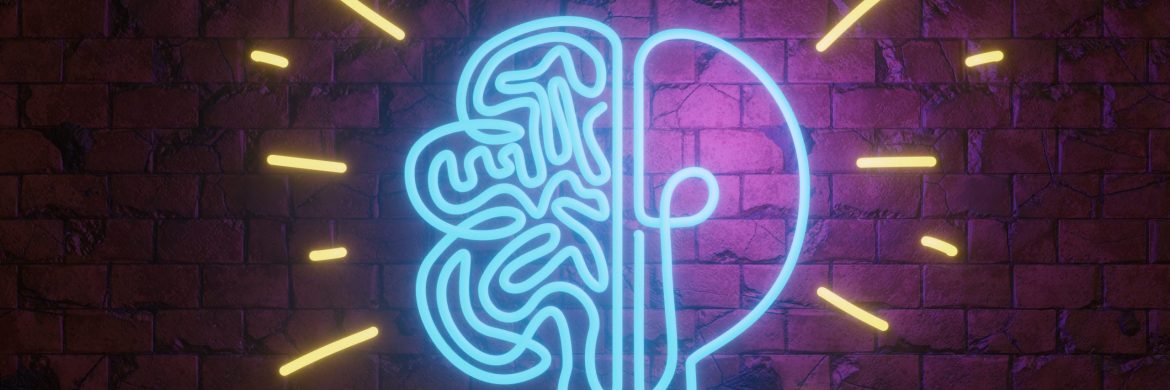 Neon glowing tube bent into a shape of light bulb and brain on a red brick wall. Illustration of the concept of ideas and creativity