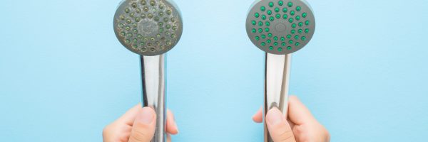 Woman hands holding new and old shower heads on light blue table background. Pastel color. Compare two objects with and without limescale. Dirty and clean. Closeup. Point of view shot. Top down view.